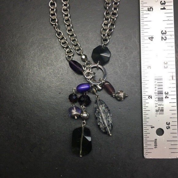 Silver Chain Toggle Necklace Purple Blue Green Dangles Retro BoHo - Picture 3 of 4